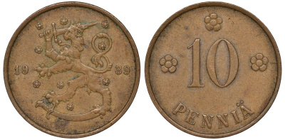 Финляндия 10 пенни 1939 KM 24 медь 51-3055