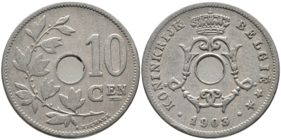 БЕЛЬГИЯ 10 САНТИМОВ 1903 BELGIE KM 49 медно-никель 3334-811