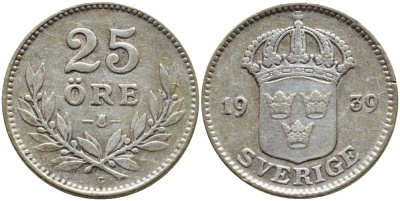 Швеция 25 эре 1939 Густав V (1907-1950) KM 785 серебро 1530-835