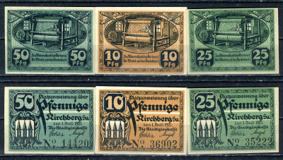 Кирхберг (Саксония) полный набор из 3 нотгельдов (10, 25 и 50 пфеннигов) 1921 бумага UNC (пресс) 7555-44-4-2