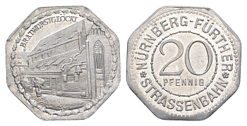 Нюрнберг трамвайный (транспортный) жетон в 20 пфеннигов ND (1920-1921) ремесленный двор Men05 19256.5, Men18 24102.5 алюминий UNC 4638-237