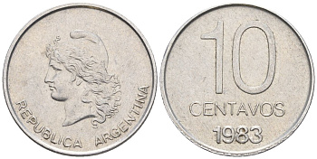 Аргентина 10 сентаво 1983 голова свободы влево KM 89, Schon 89, CJ 368 алюминий    60-1031