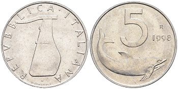 Италия 5 лир 1998 R, дельфин KM 92 алюминий  UNC  4594-936