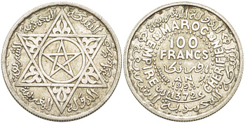 Марокко 100 франков 1953 АН1372, Мухаммед V (1927-1962), французский протекторат KM 52 серебро 4523-1227