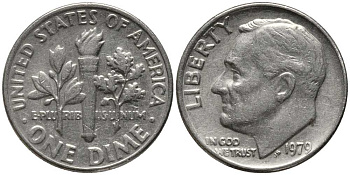 США 10 ЦЕНТОВ = 1 ДАЙМ 1979 РУЗВЕЛЬТ KM 195а медь плакированная медно-никелем 112-639