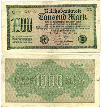 ГЕРМАНИЯ 1000 МАРОК 1922 15 СЕНТЯБРЯ 1922, ВОДЯНОЙ ЗНАК F, БЕЛАЯ БУМАГА Pick 76c бумага 7548-56-1