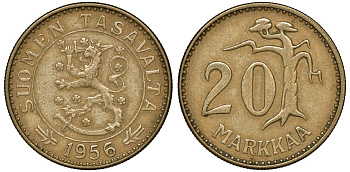 Финляндия 20 марок 1956 H, лев KM 39 алюминиевая бронза 4163-327