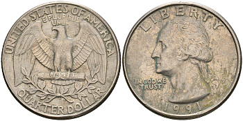 США 25 центов = квотер 1991 Вашингтон, P KM А164а медь плакированная медно-никелем    4603-947