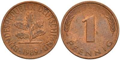 ФРГ 1 пфенниг 1989 J KM 105, J. 380 сталь плакированная медью    4598-658