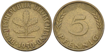 ФРГ 5 пфеннигов 1950 G KM 107, J. 382 сталь плакированная латунью 4585-767