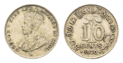 Цейлон 10 центов 1920 B, Георг V (1910-1936) KM 104a серебро 26-764