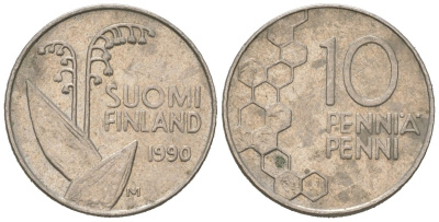 Финляндия 10 пенни 1990 M KM 65 медно-никель 218-1119