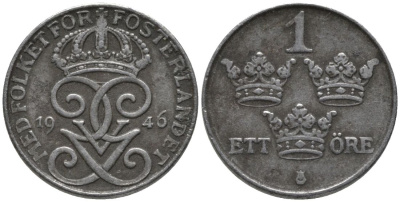 Швеция 1 эре 1946 Густав V (1907-1950) KM 810 железо 188-1256