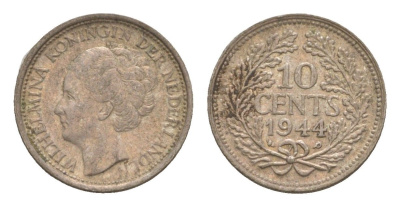 Нидерланды 10 центов 1944 Вильгельмина (1890-1948) KM 163 серебро 4659-212