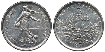 Франция 5 франков 1971 сеятель KM 926a.1, Le Franc 341.3 медно-никель плакированный никелем 4123-511