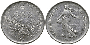 Франция 5 франков 1971 сеятель KM 926a.1, Le Franc 341.3 медно-никель плакированный никелем 36-132