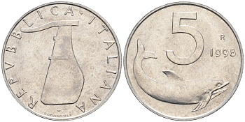 Италия 5 лир 1998 R, дельфин KM 92 алюминий  UNC  4594-752