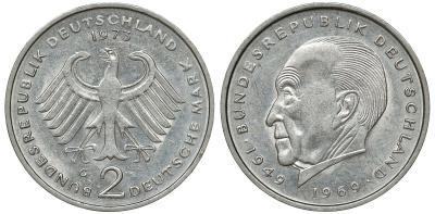 ФРГ 2 марки 1973 G, Конрад Аденауэр KM 124, J. 406 медно-никель плакированный никелем UNC 4681-1051