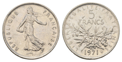 Франция 5 франков 1971 сеятель KM 926a медно-никель плакированная никелем 81-721