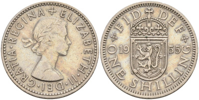 Великобритания 1 шиллинг 1955 Елизавета II (1952-2022), Шотландский герб KM 905, Spink 4148 медно-никель 4116-845