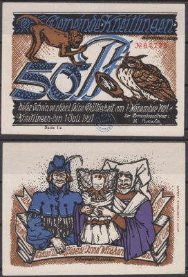 Кнайтлинген 50 пфеннигов 1921 Grabowski 710.2a-1/10 бумага UNC (пресс) 8602-38-1-2