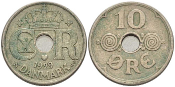 ДАНИЯ 10 ЭРЕ 1929 N ; GJ, КРИСТИАН X (1912-1947) KM 822.2 медно-никель 4392-1253