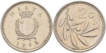 Мальта 2 цента 1995 оливковая ветвь KM 94 медно-никель 188-929