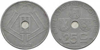 БЕЛЬГИЯ 25 САНТИМОВ 1943 BELGIE-BELGIQUE, ГЕРМАНСКАЯ ОККУПАЦИЯ, ВТОРАЯ МИРОВАЯ ВОЙНА KM 132 цинк 3996-615