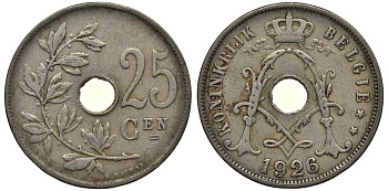 БЕЛЬГИЯ 25 САНТИМОВ 1926 BELGIE, АЛЬБЕРТ I (1909-1934) KM 69 медно-никель 27-931