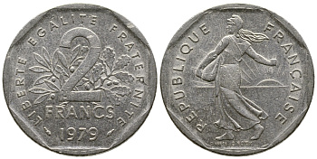 ФРАНЦИЯ 2 ФРАНКА 1979 СЕЯТЕЛЬ KM 942.1, LE FRANC 272.3 никель 91-144