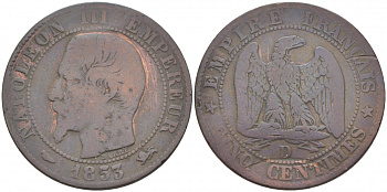 ФРАНЦИЯ 5 САНТИМОВ 1853 D, НАПОЛЕОН III (1852-1870) KM 777.4, LE FRANC 116.4 бронза 4448-1212