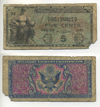 США 5 ЦЕНТОВ 1951 СЕРИЯ 481, ДЛЯ ВООРУЖЕННЫХ СИЛ Pick M22 бумага 7214-15-1-1