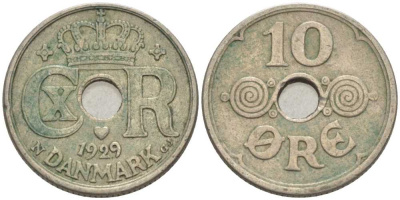 ДАНИЯ 10 ЭРЕ 1929 N ; GJ, КРИСТИАН X (1912-1947) KM 822.2 медно-никель 4392-1253