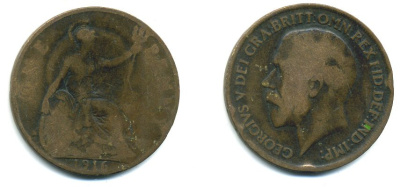 Великобритания 1 пенни 1916 Георг V (1910-1936) КМ 810, Spink 4051 бронза 41-122