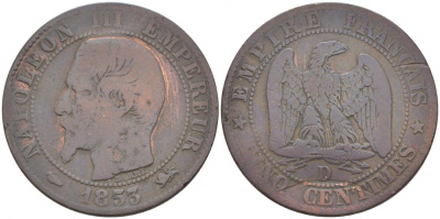 ФРАНЦИЯ 5 САНТИМОВ 1853 D, НАПОЛЕОН III (1852-1870) KM 777.4, LE FRANC 116.4 бронза 4448-1212
