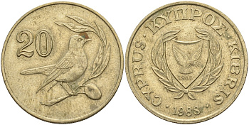 Кипр 20 центов 1988 KM 57.2 никель латунь 4140-741