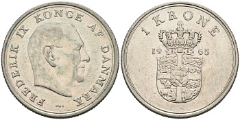 Дания 1 крона 1965 Фредерик IX (1947-1972) KM 851 медно-никель 4571-345