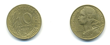 Франция 10 сантимов 1989 тип Marianne KM 929, le Franc 144.29 алюминиевая бронза 80-627