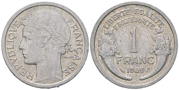 Франция 1 франк 1945 KM 885a.1, Le Franc 221 алюминий 4584-1257