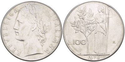 ИТАЛИЯ 100 ЛИР 1976 R, АФИНА У ОЛИВКОВОГО ДЕРЕВА KM 96.1 нержавеющая сталь 4545-713