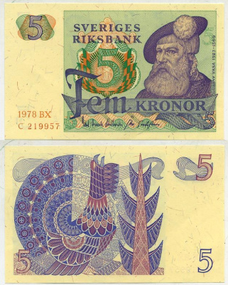 Швеция 5 крон 1978 BX, Густав I Ваза Pick 51d бумага aUNC 444-92-3