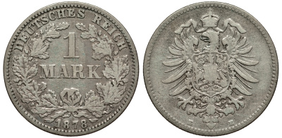Германия 1 марка 1878 E Weege 17, J. 9, KM 7 серебро 413-4913