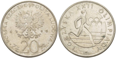 Польша 20 злотых 1980 MW, XXII летние Олимпийские Игры, Москва 1980, бегун KM 108, Parchimowicz 252 медно-никель 4542-1126