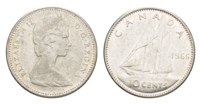 Канада 10 центов 1966 Елизавета II (1952-2022), парусник KM 61 серебро 4639-615