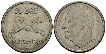 Норвегия 50 эре 1969 Улаф V (1957-1991), собака KM 408 медно-никель 4138-834