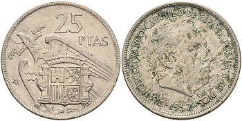 Испания 25 песет 1957 (64) Франсиско Франко (1939-1975) KM 787 медно-никель 81-1232
