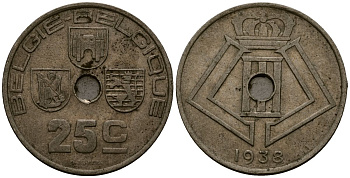 Бельгия 25 сантимов 1938 Belgie - Belgique KM 115 никель латунь 4403-1243