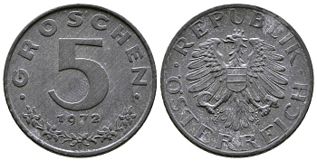 АВСТРИЯ 5 ГРОШЕЙ 1972 KM 2875 цинк UNC 57-1211