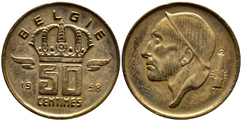 БЕЛЬГИЯ 50 САНТИМОВ 1958 BELGIE KM 149.1 бронза 4392-822