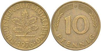 ФРГ 10 пфеннигов 1976 D KM 108 сталь плакированная латунью 4613-1235